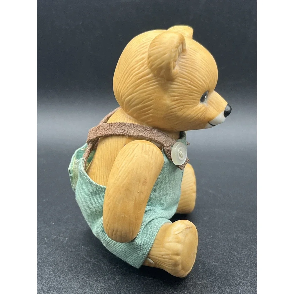 Homco Porcelain Jointed Teddy Bear‎ Boy w/ Fabric Overalls - Taiwan Vtg 3.5